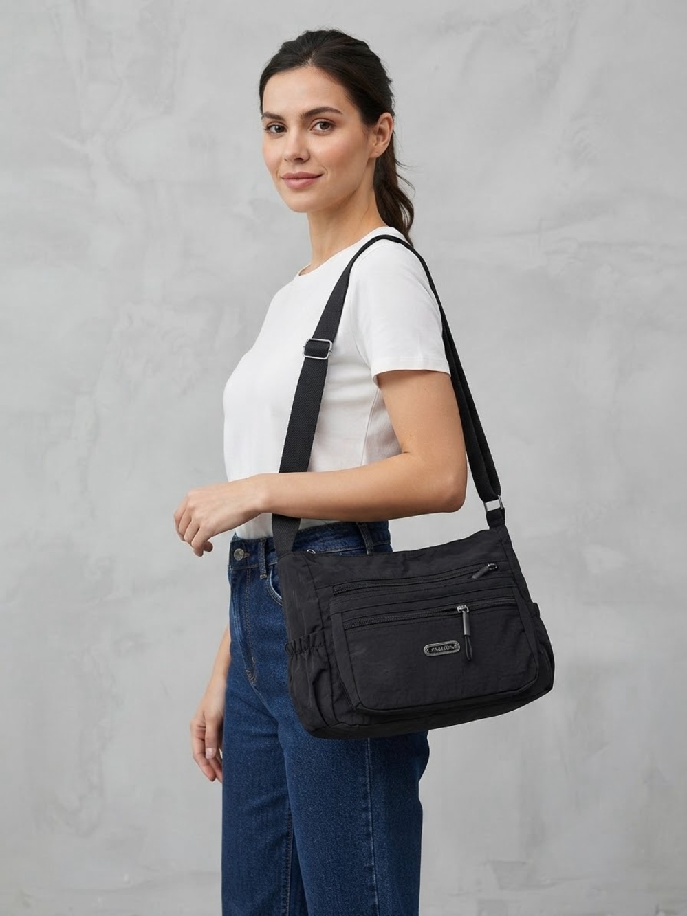 Everyday Black Crossbody Bag with Multiple Zip Pockets